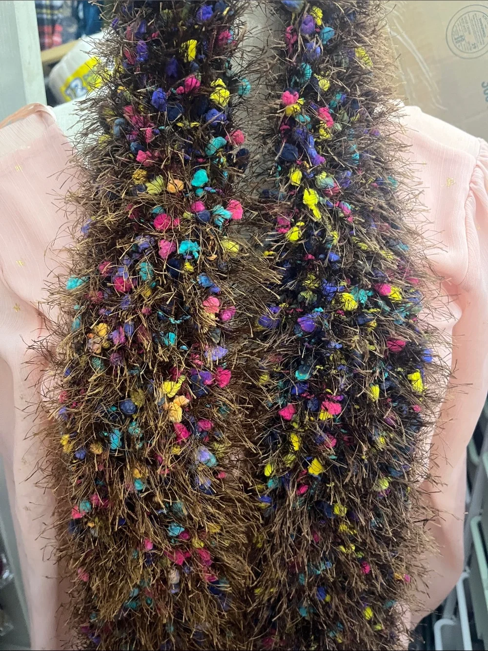 Multicolor Pom-Pom Fuzzy Eyelash Fringe Winter Scarf Cozy Brown Colorful S231